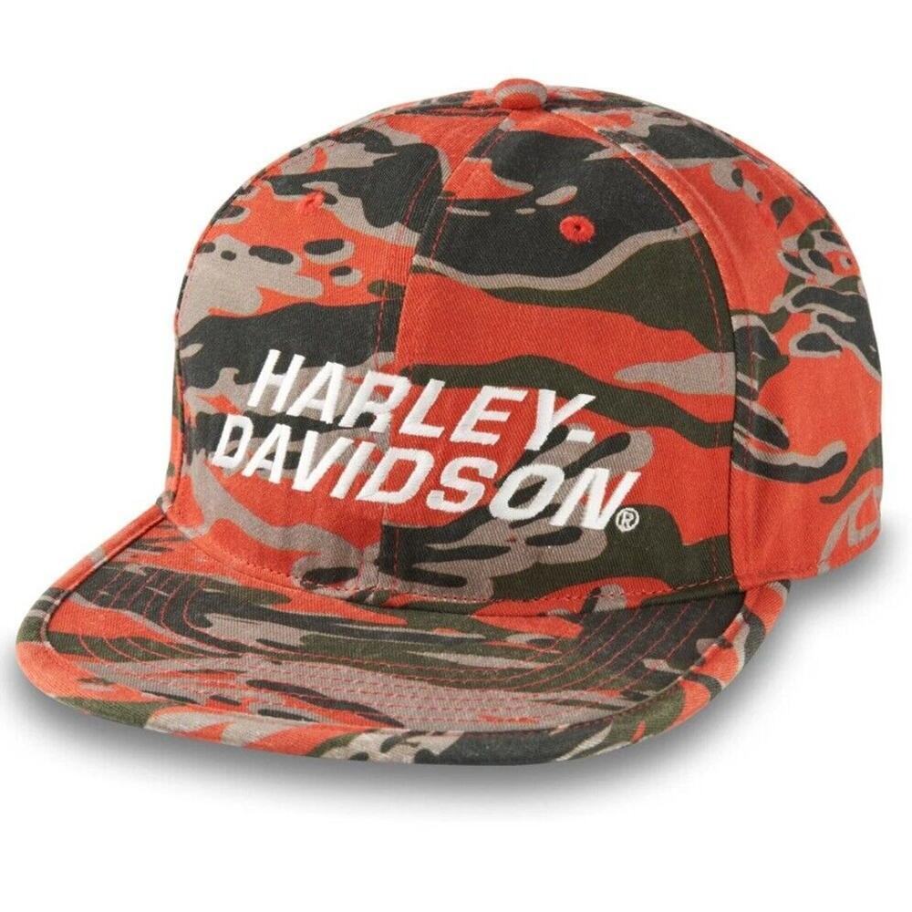 HARLEY DAVISON HAT CAMO ORANGE GREEN RACING SNAPBACK BIKER MILITARY ICONIC RARE